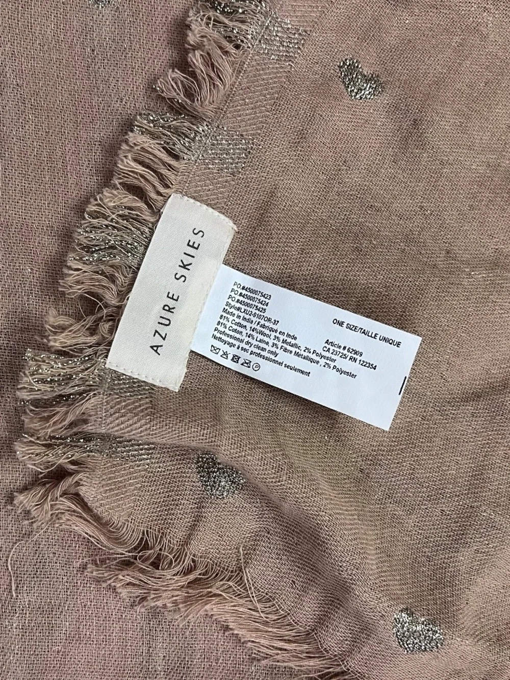Azure Skies by Aritzia - Large Oatmeal Beige Scarf with Gold Hearts